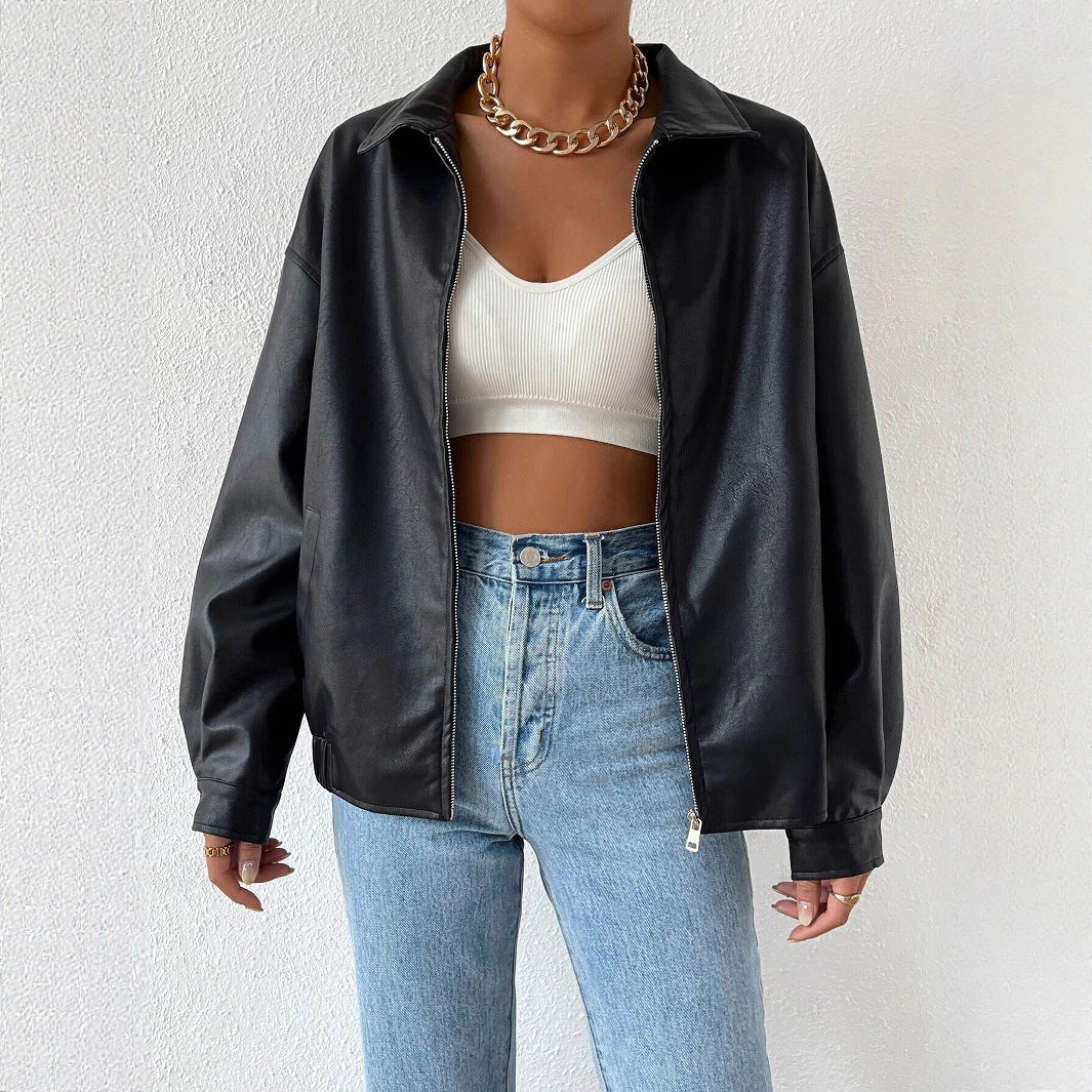 Damen trendige Kunstlederjacke im modernen Schnitt mit lässigem Reißverschluss EB