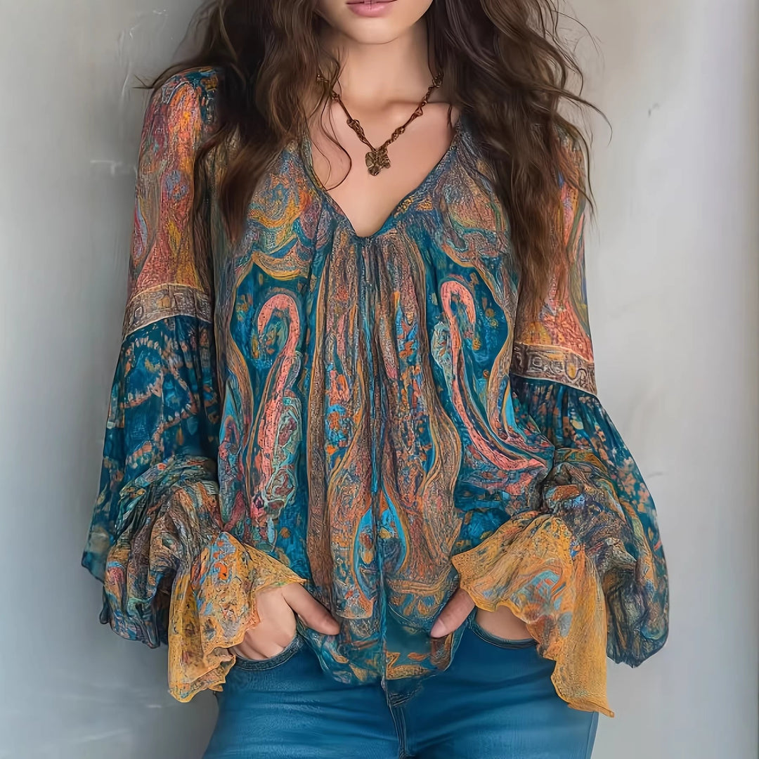 Damen Boho-Chic Bluse mit geflammten Ärmeln und V-Ausschnitt EB