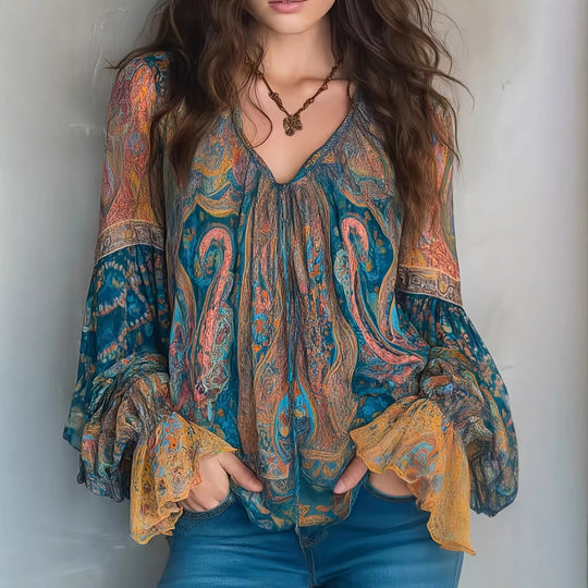 Damen Boho-Chic Bluse mit geflammten Ärmeln und V-Ausschnitt EB