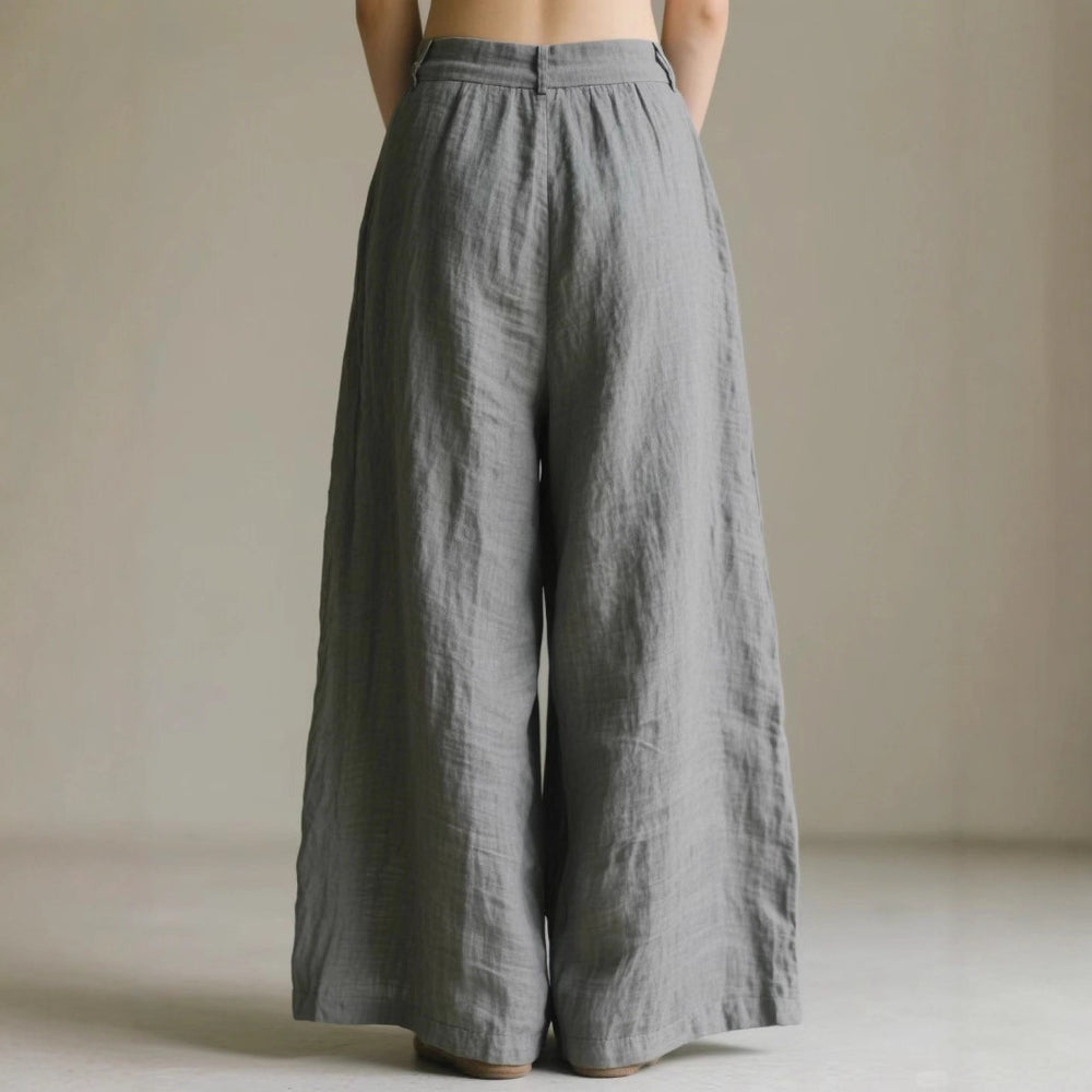Damen weite Leinenhose mit eleganter Bundfalte und Taschen EB
