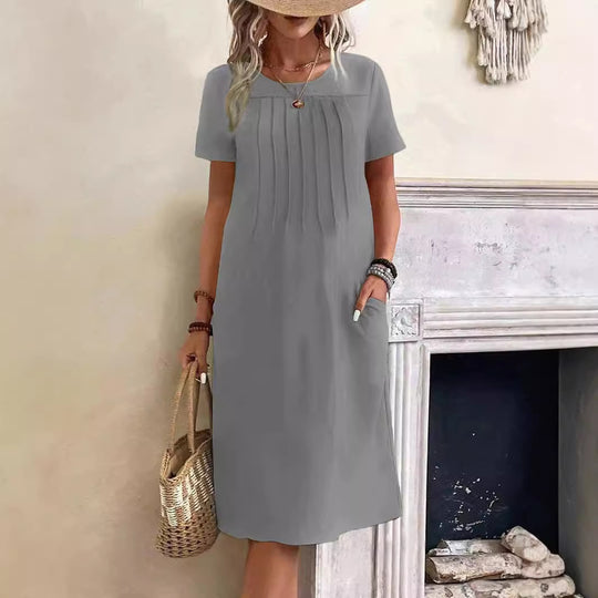Damen lässiges Midi-Kleid mit Falten-Design und praktischen Taschen EB