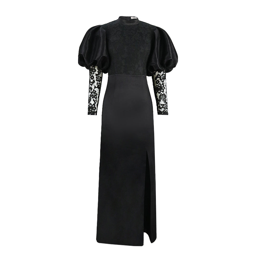 Damen Maxikleid mit glamourösem Spitzenoberteil und voluminösen Ärmel EB