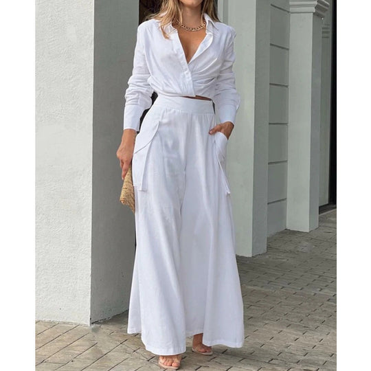 Damen Hochtaillierte weite Palazzo-Hose mit seitlicher Cargotasche und fließender Silhouette EB