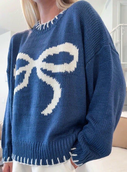 Damen lässiger Pullover mit kontrastierenden Schleifen-Detail und geripptem Saum EB
