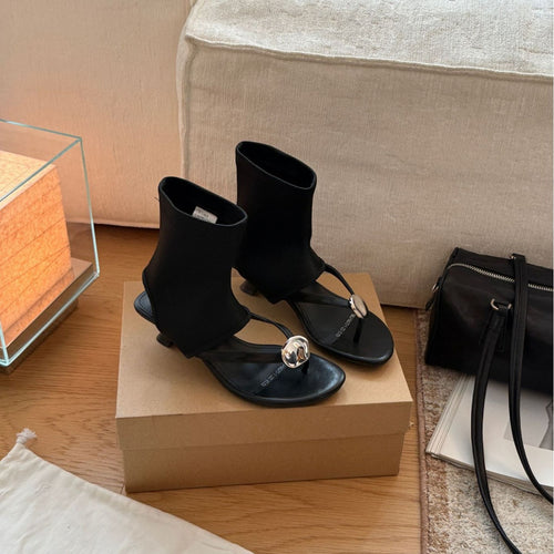 Damen Modische Knöchel-Sandalen mit elastischem Obermaterial und dekorativer Metallschnalle EB