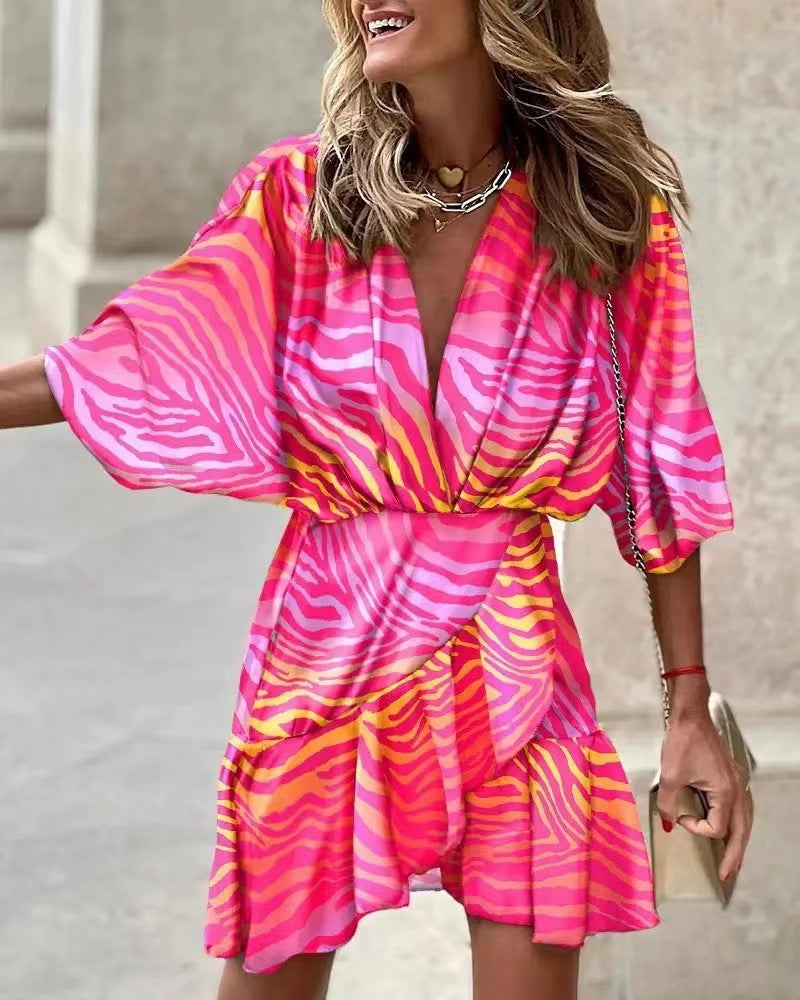 Damen Wickelmini-Kleid mit voluminösen Ärmeln und modischem Animal-Print EB
