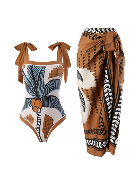 Damen Eleganter Badesuit mit floralen Akzenten und modischem Wickelrock EB