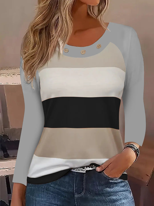 Damen Lässiges Baumwollshirt mit modischen Streifen und dekorativen Knöpfen EB