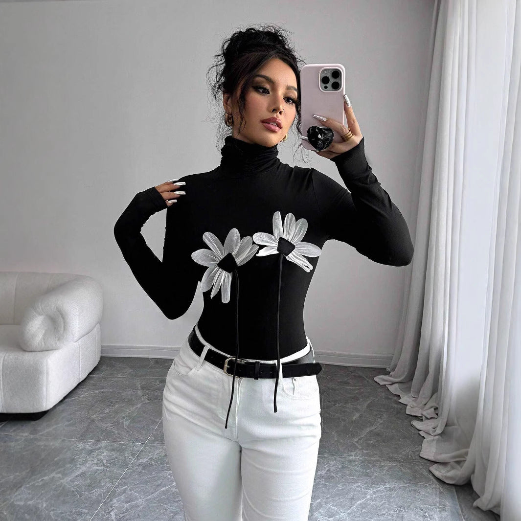 Damen Langarm-Bodysuit mit floralem Schnitt und hohem Kragen EB