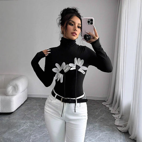Damen Langarm-Bodysuit mit floralem Schnitt und hohem Kragen EB