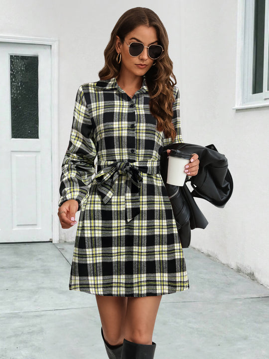 Damen Hemdblusenkleid mit karierter Musterung und taillierbarem Gürtel EB