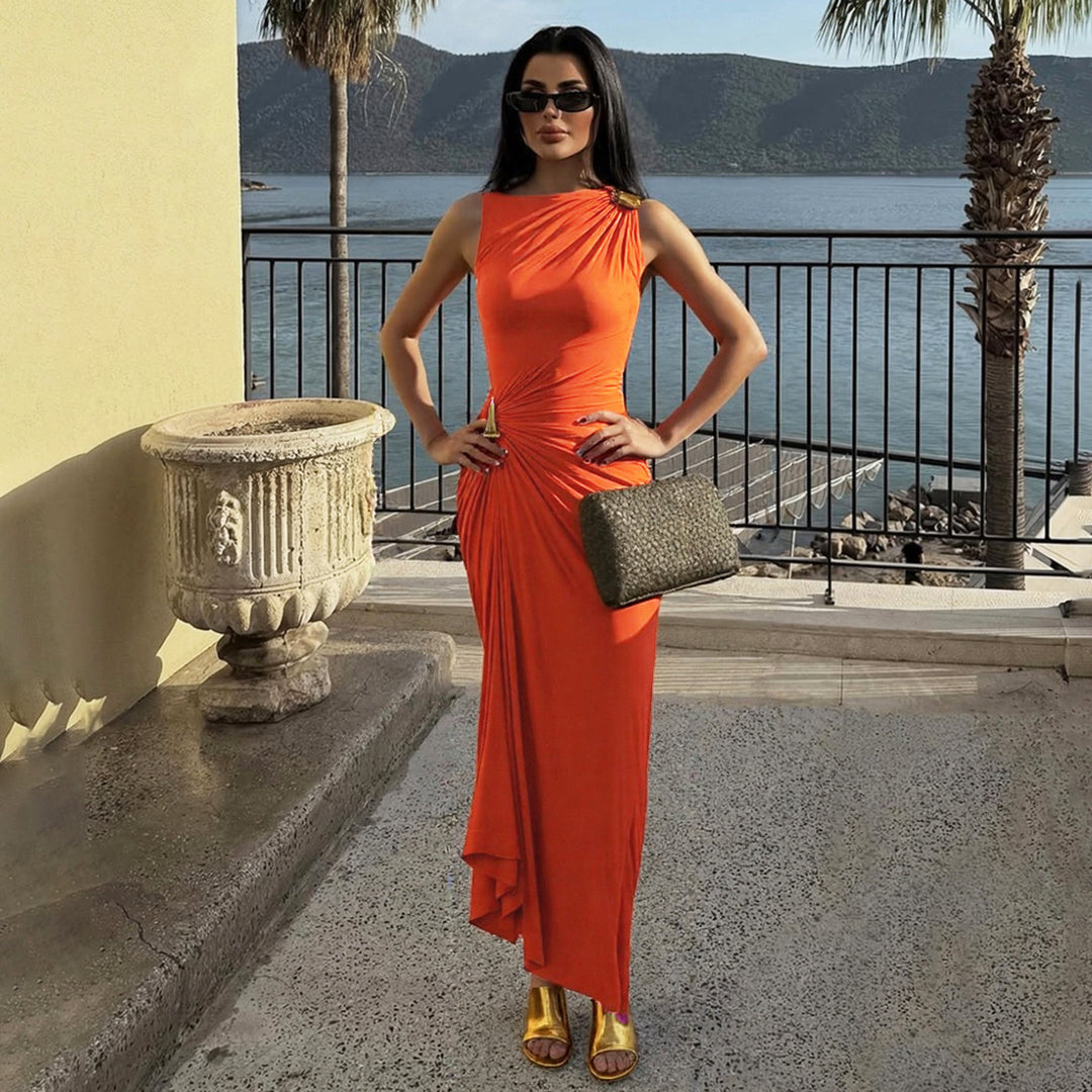 Damen Elegantes Maxikleid mit asymmetrischem Design und drapierter Taille EB