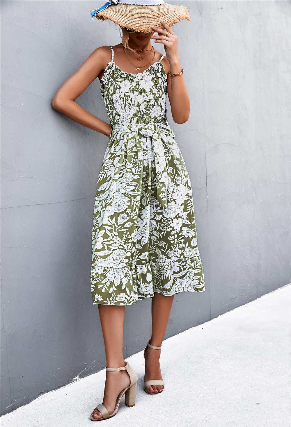 Damen Sommerkleid mit Rüschendetails und elastischem Taillenzug EB