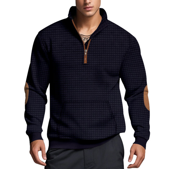Herren nan gesteppter Halbzip Pullover mit Reißverschlusskragen und Kunstleder-Ellbogenpatches EB