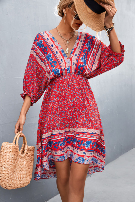 Damen Langarmkleid mit boho-inspiriertem Druck und elastischem Bund EB