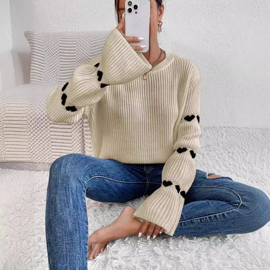 Damen kuscheliger Strickpullover mit modellierenden Ärmeln und Herzmotiv EB