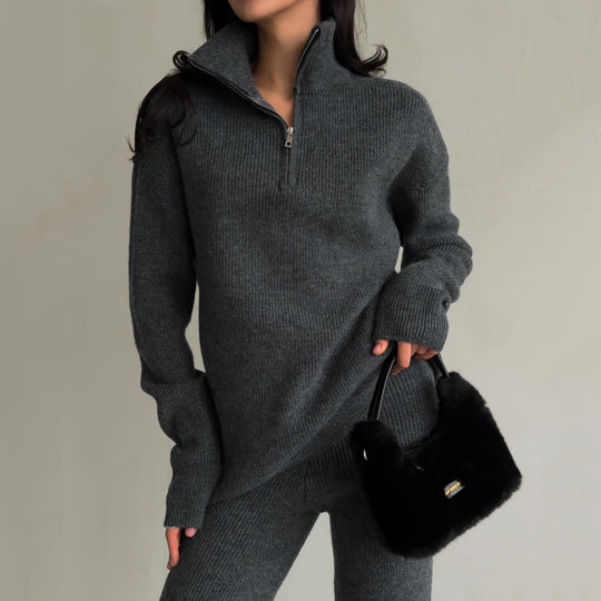 Damen Rippstrick-Loungewear-Set mit Halbzip-Longpullover und High‑Waist-Rippleggings EB