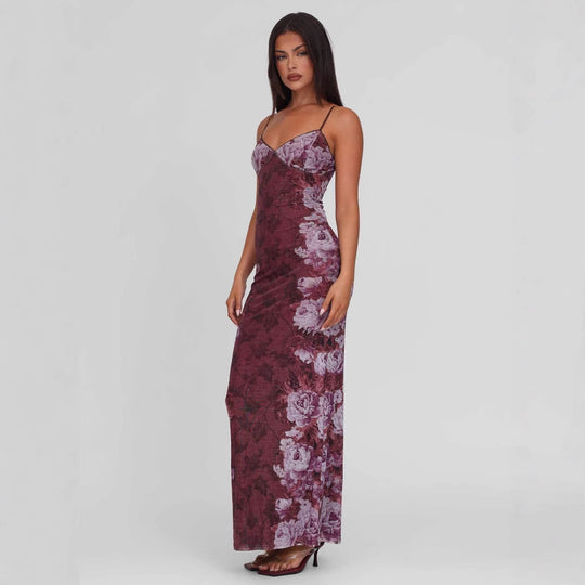Damen nan eng anliegendes Jersey-Slipkleid mit V-Ausschnitt, Spaghettiträgern und Blumen-Leo-Print EB