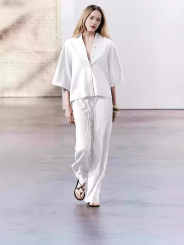 Damen elegantes Blusen und Hose Ensemble aus atmungsaktivem Stoff EB