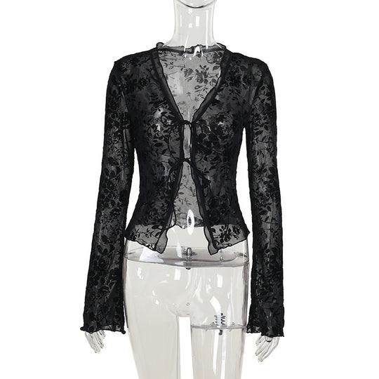 Damen Transparente Spitzenjacke mit floralen Mustern EB