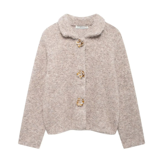 Damen flauschige Strickjacke mit dekorativen Blumenknöpfen EB