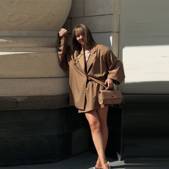 Damen Oversized Blazer-Kleid mit Seitentaschen und Gürtel EB
