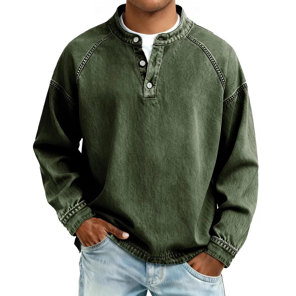 Herren nan verwaschenes Henley-Shirt mit Stehkragen, lockerer Passform und Knopfleiste EB