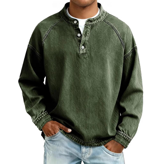 Herren nan verwaschenes Henley-Shirt mit Stehkragen, lockerer Passform und Knopfleiste EB