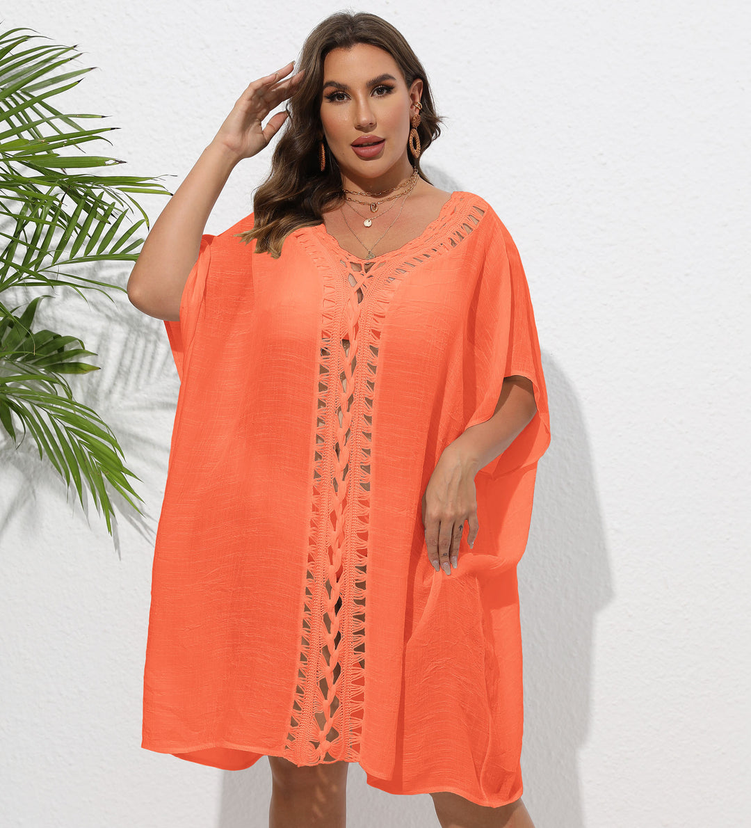 Damen Luftiger Strandkimono mit dekorativer Häkelspitze EB