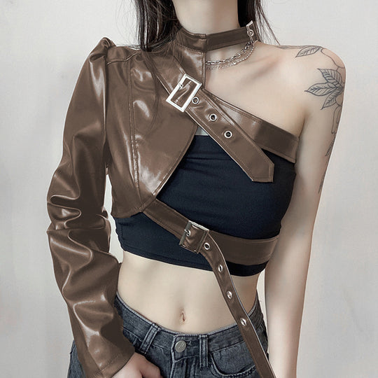 Damenmode-Oberteil aus Kunstleder mit asymmetrischem Design EB