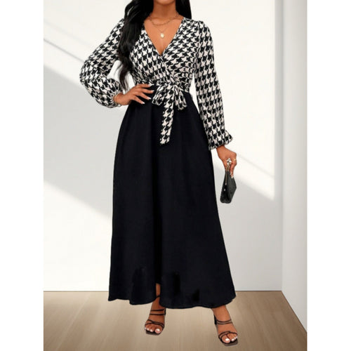 Damen Maxi-Kleid mit Kreuzverschluss und elegantem Hahnentrittmuster EB