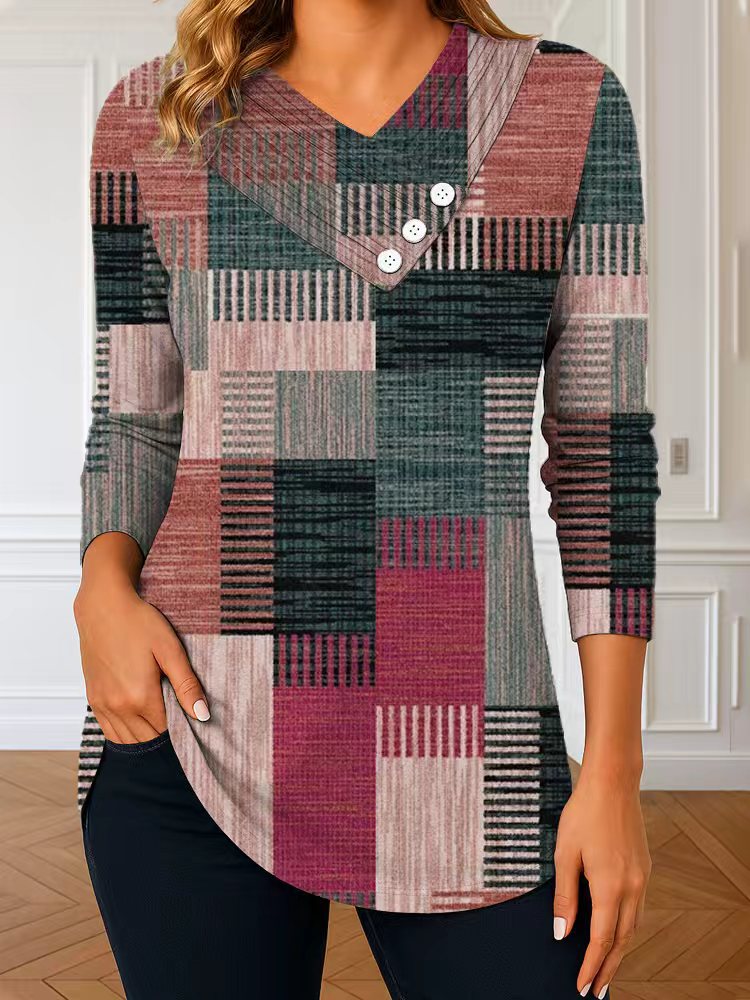 Damen Langarm-Tunika mit asymmetrischem V-Ausschnitt, Zierknopfleiste und kariertem Patchworkmuster EB