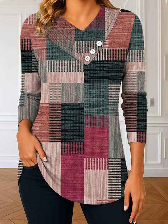Damen Langarm-Tunika mit asymmetrischem V-Ausschnitt, Zierknopfleiste und kariertem Patchworkmuster EB