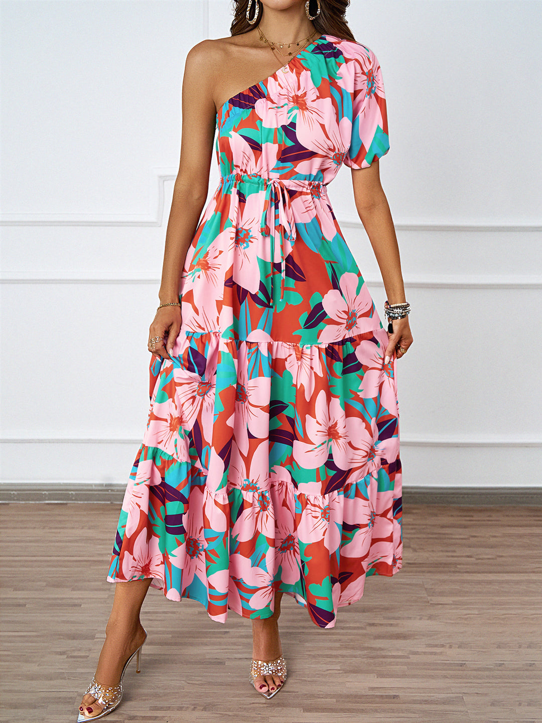 Damen Maxikleid im asymmetrischen Design mit floralem Muster und Wickelgürtel EB
