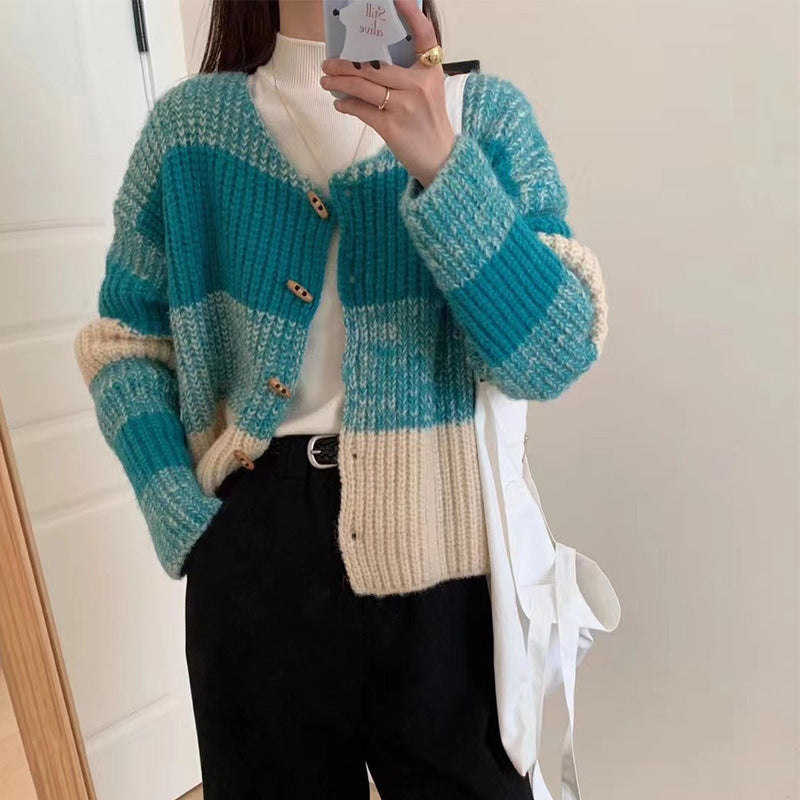 Damen Strickjacke mit elastischem Rippdesign und Holzknöpfen EB