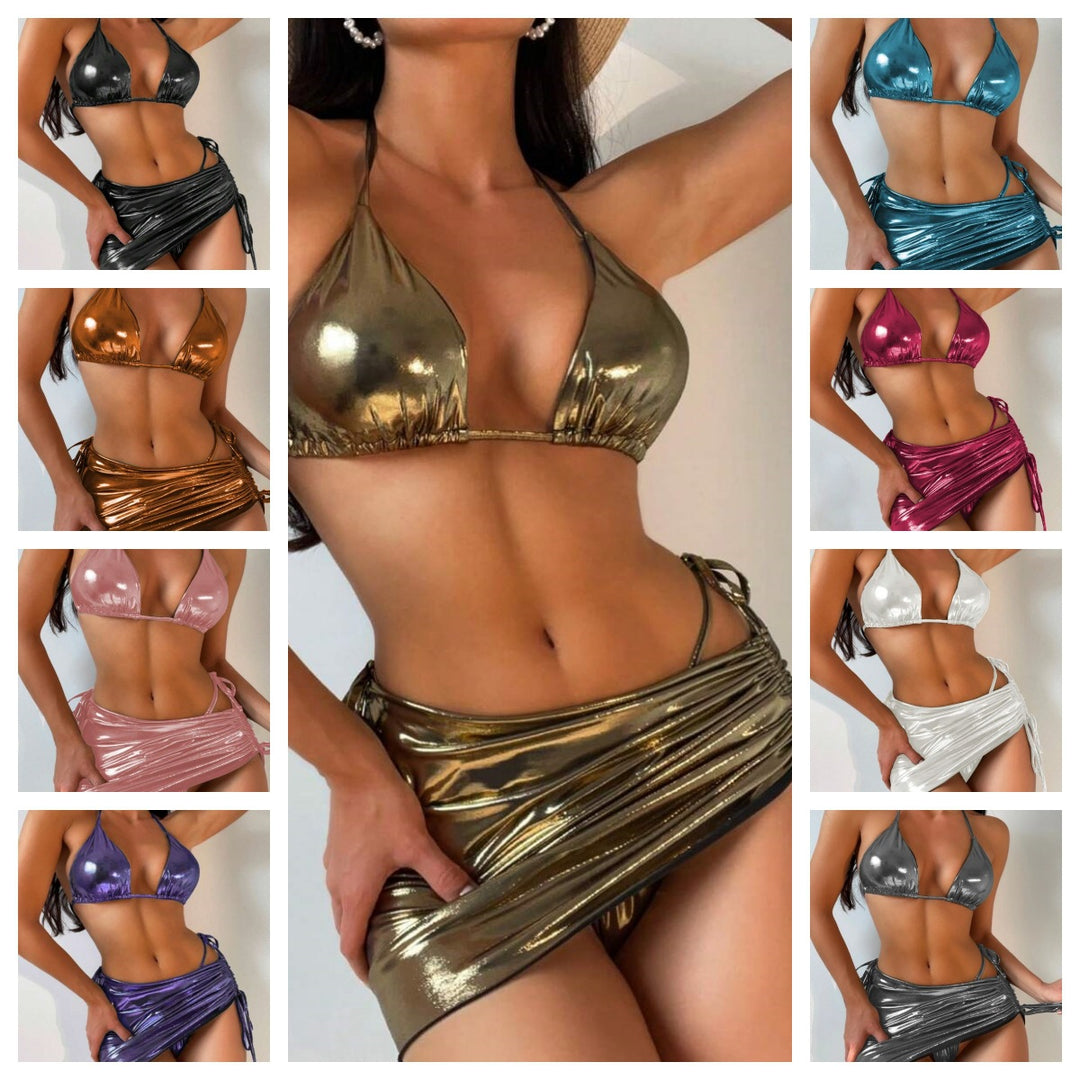 Damen Hochglanz Triangel-Bikini mit Wickelrock EB