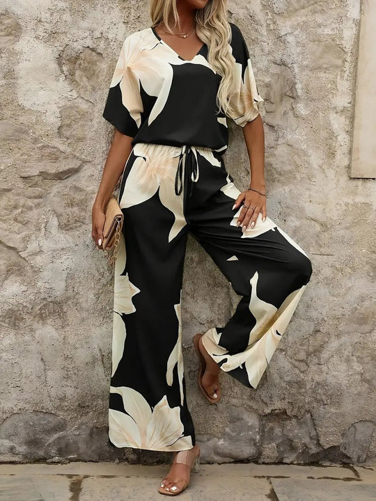 Damen luftiger Hosenanzug mit floralem Print und elastischem Bund EB