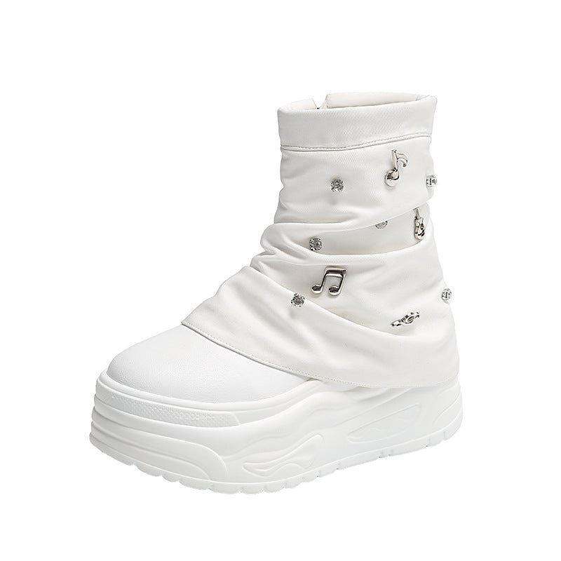 Damen nan Plateau-Stiefelette mit gerafftem Schaft und Musiknoten‑Zierapplikationen EB