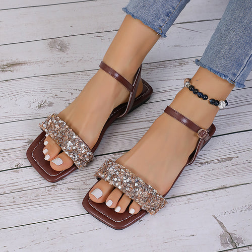 Damen Glamouröse Strandsandalen mit funkelnden Strass-Akzenten und komfortabler Sohle EB