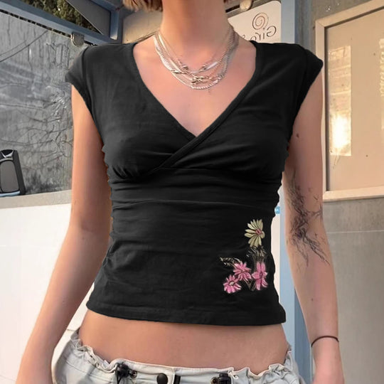 Damen figurbetontes Kurzarm-Shirt mit floralem Stickmuster EB