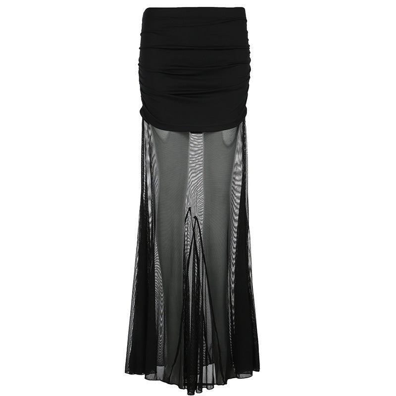 Damen Maxi-Rock mit transparentem Chiffon und gerafft Bund EB
