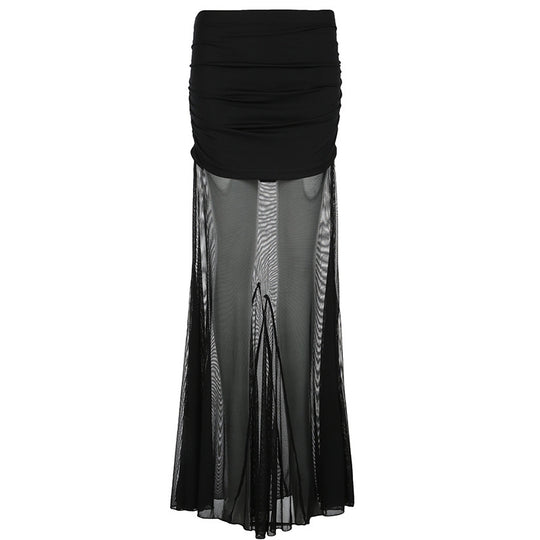 Damen Maxi-Rock mit transparentem Chiffon und gerafft Bund EB