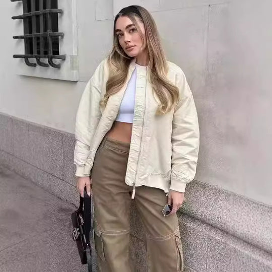 Damen sportliche Bomberjacke mit praktischen Taschen und Stehkragen EB