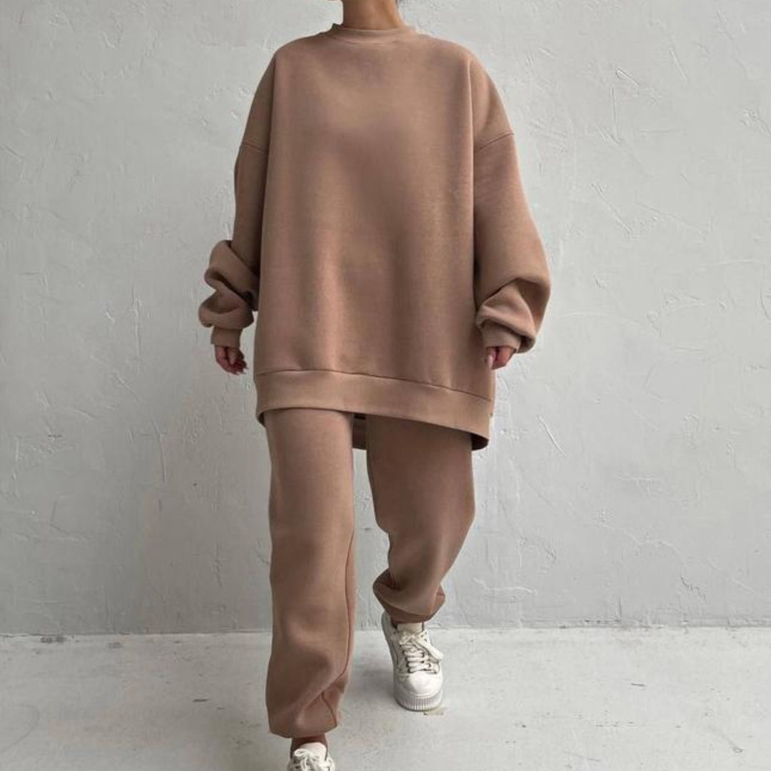 Damen Oversized Freizeit-Loungewear-Anzug mit hohem Kragen und elastischem Bund EB