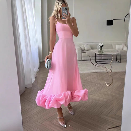 Damen Midi-Kleid mit zarten Spaghetti-Trägern und voluminösem Rüschensaum EB