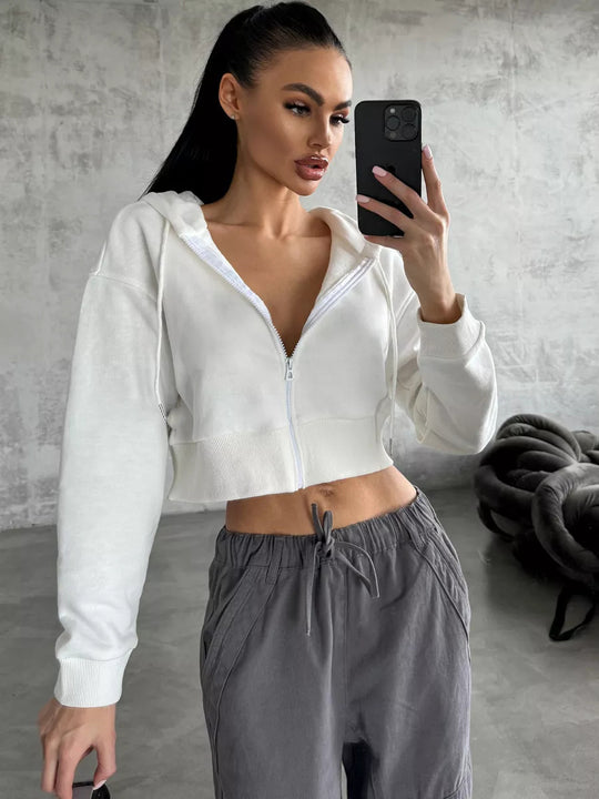 Damen Cropped Kapuzenjacke mit kurzem Reißverschluss und breitem Rippbund EB