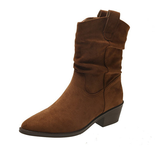 Damen Cowboy-Stiefel mit modischem Falten-Design und komfortablem Blockabsatz EB
