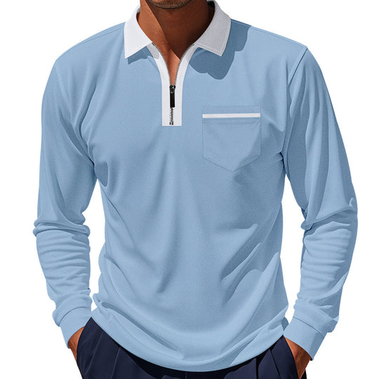 Herren nan langärmeliges Zip-Poloshirt mit Brusttasche und Kontrastkragen EB