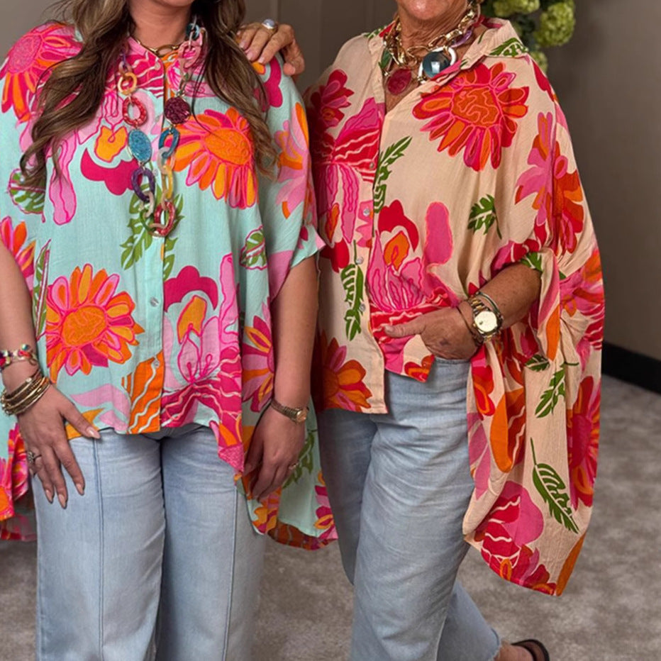 Damen Übergroßes Hemdblusenshirt mit floralem Print und kurzer Knopfleiste Heidi-Mode