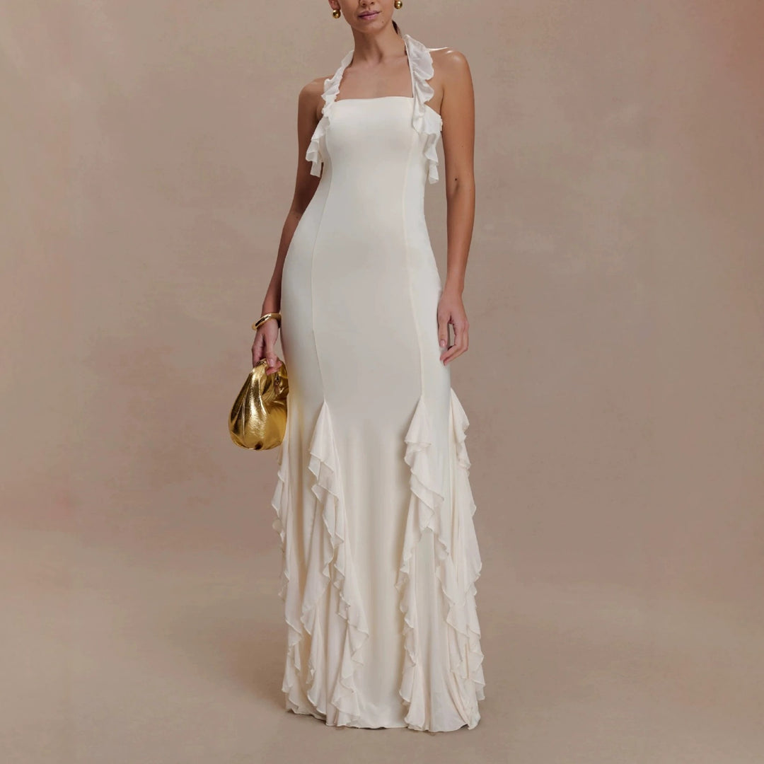 Damen Elegantes Langarm-Maxikleid mit Rüschendetails EB